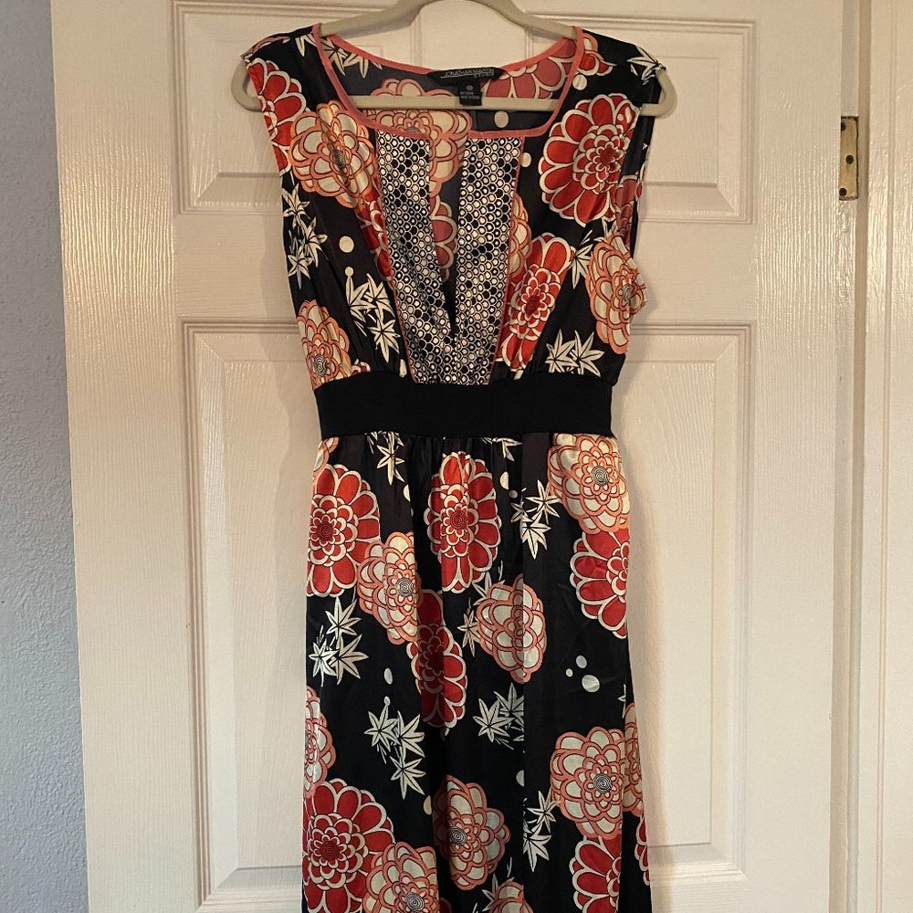 jonathan martin Black Floral Print Dress with Red and Cream Accents